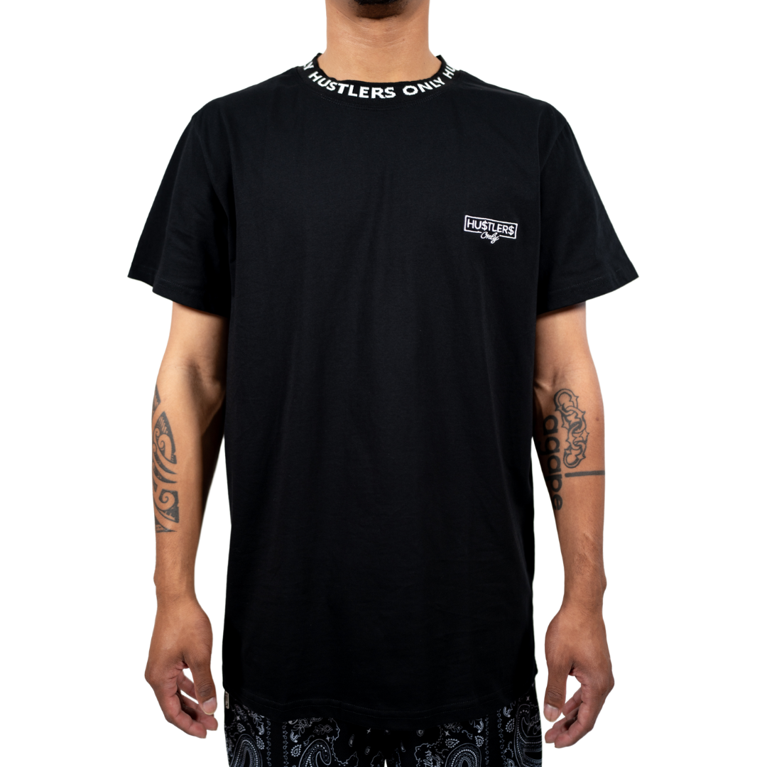 Black Short Sleeve HU$TLER$ ONLY logo T-shirt Jacquard Collar