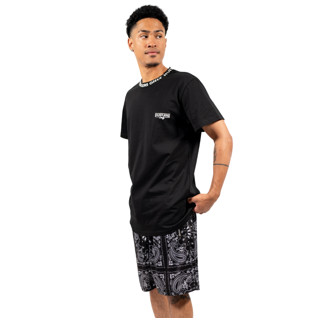 Black Short Sleeve HU$TLER$ ONLY logo T-shirt Jacquard Collar