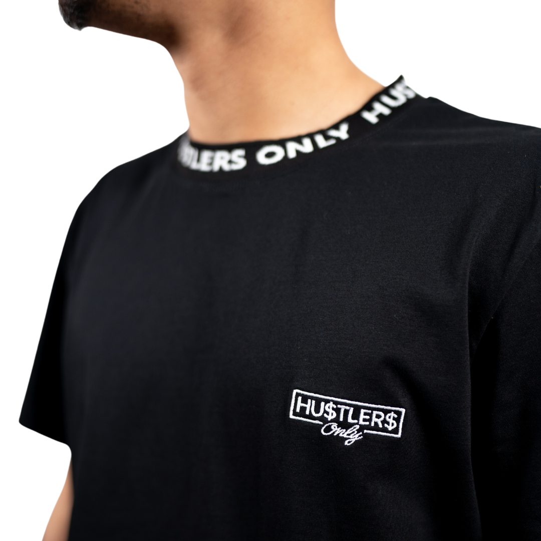 Black Short Sleeve HU$TLER$ ONLY logo T-shirt Jacquard Collar
